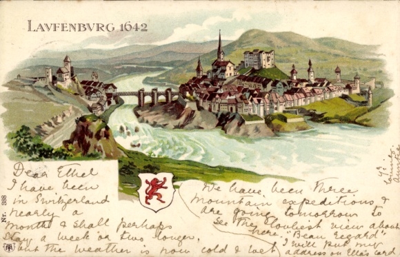 Ak Laufenburg am Hochrhein, Laufenburg 1642, malerische Landschaft, Burgen, Brücke, Fluss