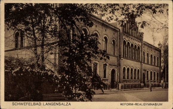Postcard Bad Langensalza in Thuringia, sulphur bath, reform secondary school, architecture