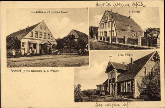 Postcard Borstel (Kr. Nienburg) Kr. Diepholz Lower Saxony, school, Villa Voigts, commercial building F. Dove
