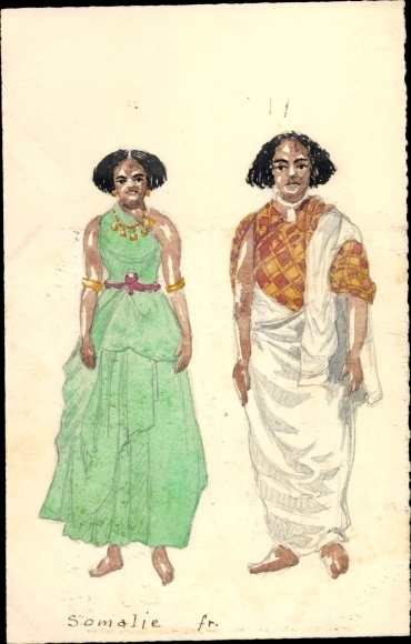 Handgemalt Ak Somalia, Mann und Frau in Trachten