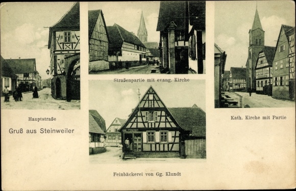 Postcard Steinweiler in Rhineland-Palatinate, main street, street section, evangelical church, Klundt bakery