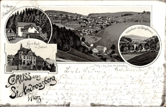 lito St. Andreasberg Braunlage w górach Harz, Rehberger Grabenhaus, stawy z fontannami, poczta