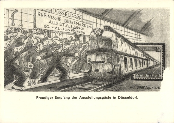 Postwaardestukkunstenaar Ak Peters, Düsseldorf, Rijnlandse postzegeltentoonstelling juni 1936, spoorweg