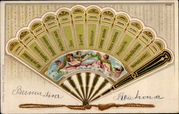 Chromo-Litho fan, months, angel, cloud
