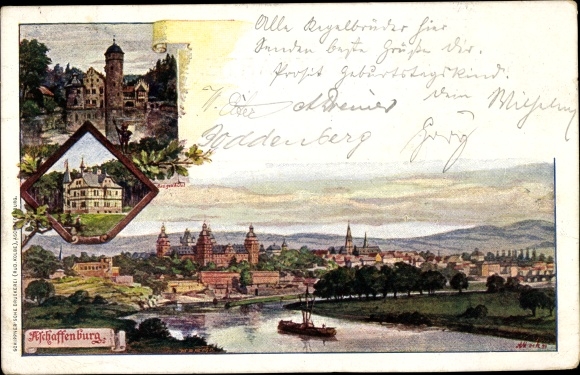 Artist Chromo-Litho Aschaffenburg in Lower Franconia, bird&#39;s eye view, villa