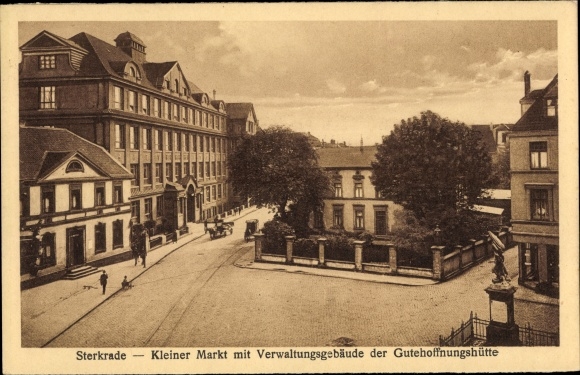 PC Sterkrade Oberhausen in the Ruhr area, small market with the administration building of the Gutehoffnungshütte