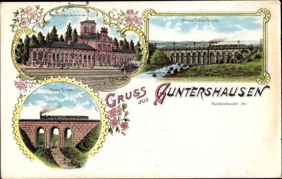 Chromo-Litho Guntershausen Baunatal in Hesse, train station, track side, Fulda bridge