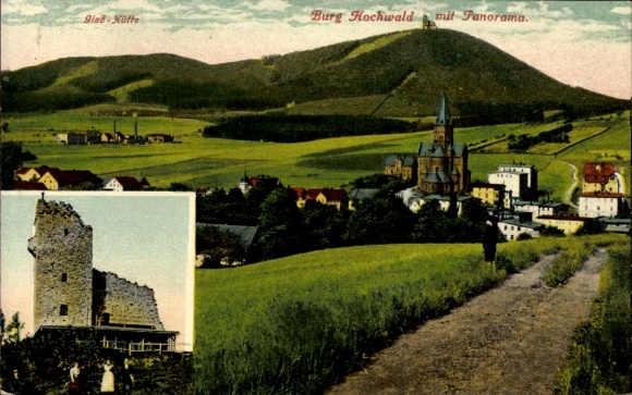 Postcard Hochwald Waldbröl in the Oberbergisches Land, castle panorama, picturesque landscape, castle ruins, Au