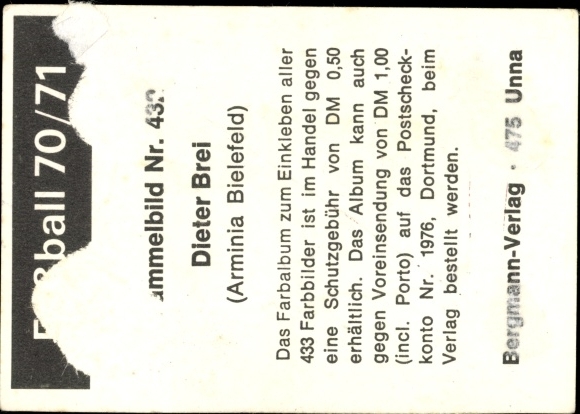 Obraz kolekcjonerski piłka nożna 1970/1971, zdjęcie nr 432, Dieter Brei, Arminia Bielefeld
