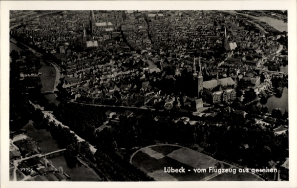 Postcard Hansestadt Lübeck, aerial photograph of the city