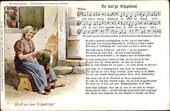 Song Postcard De lustge Klipplmad, Klöpplerin, Wilhelm Vogel, Erzgebirge