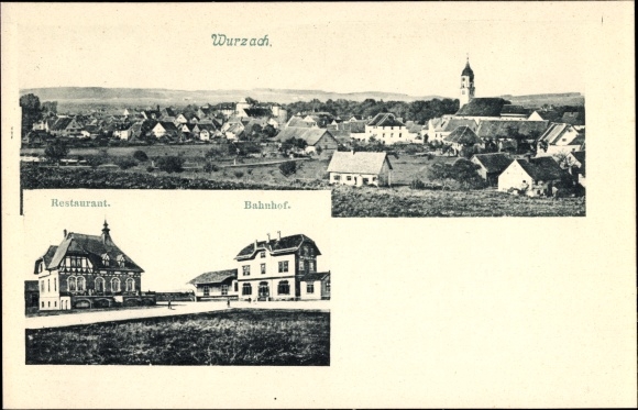 Ak Bad Wurzach in Oberschwaben Baden Württemberg, Totalansicht der Ortschaft, Bahnhof, Restaurant