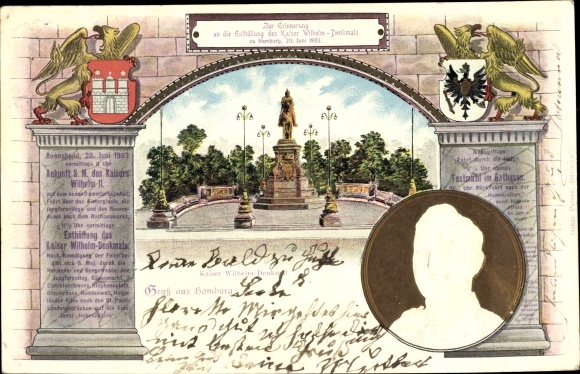 Coat of arms embossed litho Hamburg, unveiling of the Kaiser Wilhelm monument in 1903