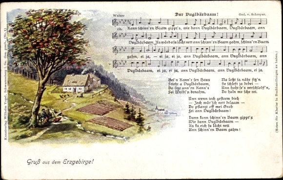 Song Postcard Vogel, Wilhelm, Dar Vuglbärbaam, landscape idyll, Erzgebirge