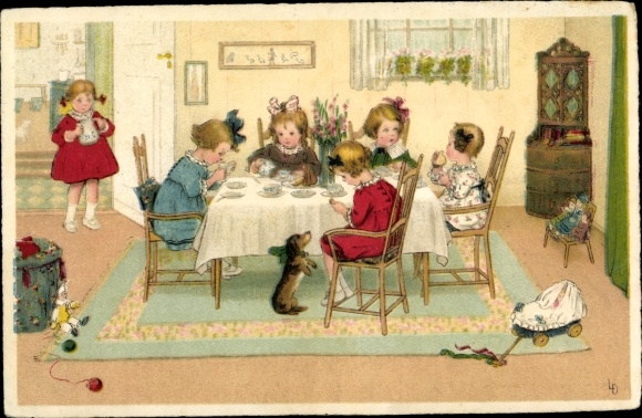 Artist Postcard Döring, Lia, children at the coffee table, Meissner &amp; Buch 2443