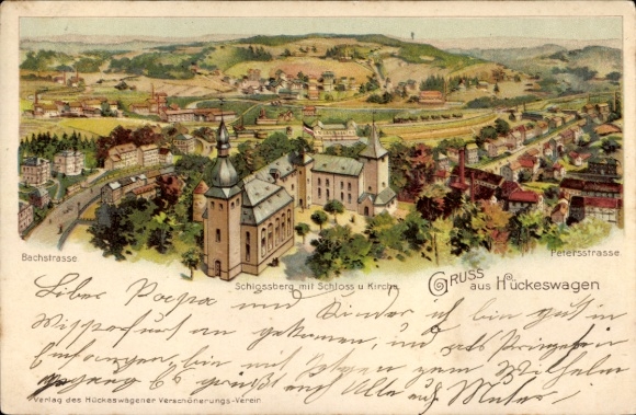 Chromo-Litho Hückeswagen in the Oberbergischer Kreis, Bachstraße, Petersstraße, Schlossberg, Castle