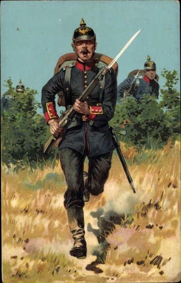 Künstler Litho Hoffmann, A., Deutscher Soldat, Garde Infanterie, Gewehr, Bajonett, Pickelhaube