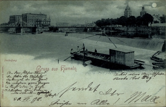 Ak Hameln an der Weser Niedersachsen, Lachsfang, Flussansicht, Gebäude im Hintergrund, Mondschein