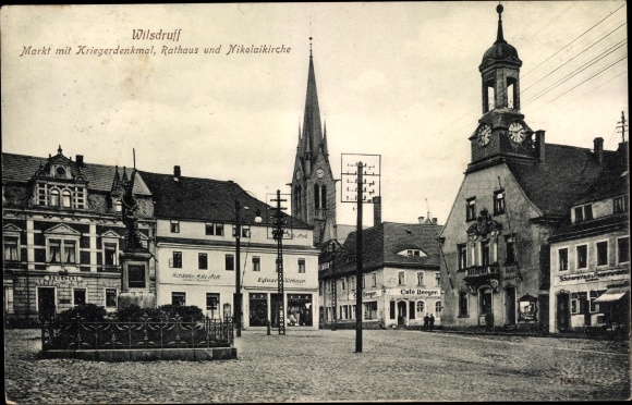 Postcard Wilsdruff in Saxony, market with war memorial, town hall, Nikolaikirche