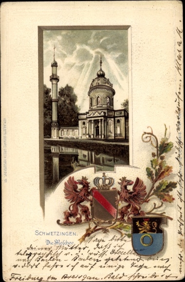 Embossed Coat of Arms Passepartout Chromo-Litho Schwetzingen in Baden, The Mosque