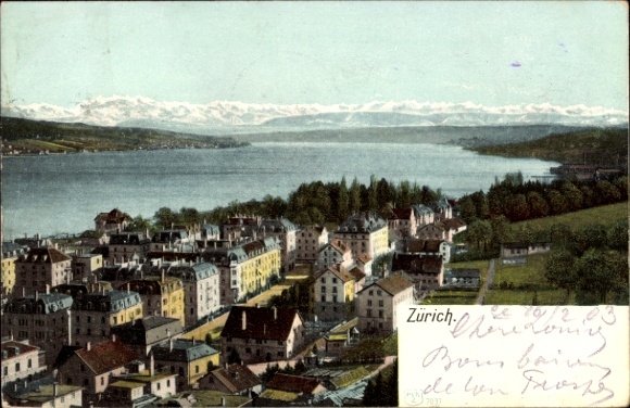 KP Zurych, Szwajcaria, widok na Jezioro Zuryskie, góry w tle, kolorowe domy