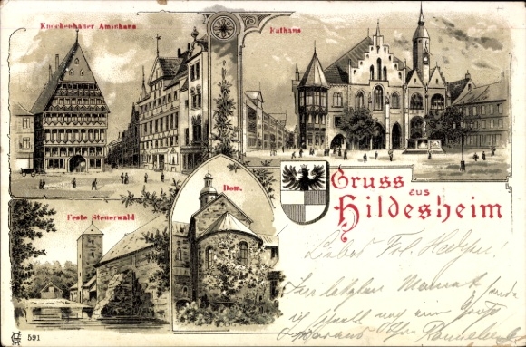 Postcard Hildesheim in Lower Saxony, Knochenhaner Aminhans, Feste Stenerwald, Cathedral, Kathans, Greetings from