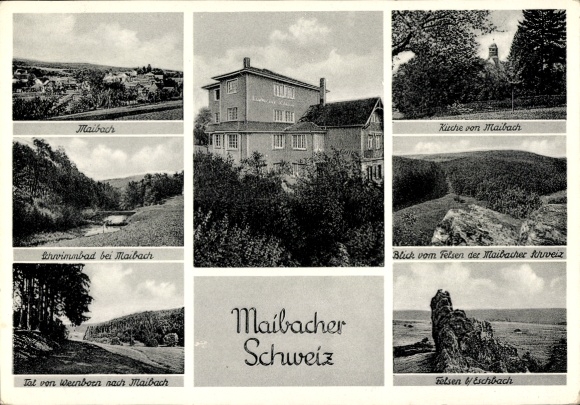 Postcard Maibach Butzbach im Taunus Hesse, Pension Maibacher Switzerland, swimming stream, church, rocks