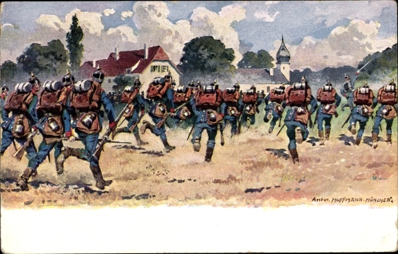 Artist Postcard Hoffmann, Anton, German soldiers in uniforms, marching luggage