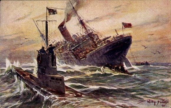 Artist Postcard Stöwer, Willy, Destruction of an English merchant steamer by a German submarine