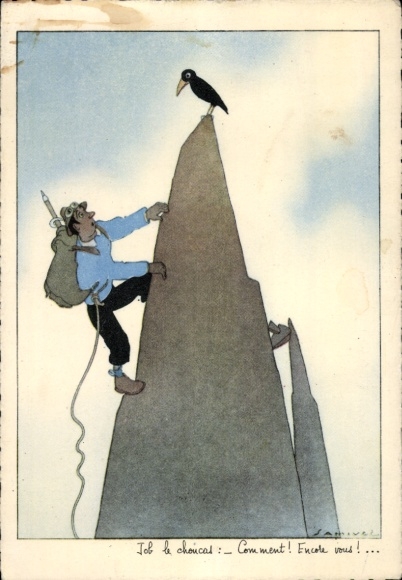 Künstler Ak Bergsteiger, Rabe auf der Bergspitze