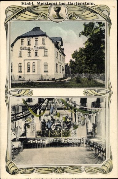 Passepartout Postcard Hartenstein in the Erzgebirge Saxony, establishment Gasthaus zur Meisterei, hall