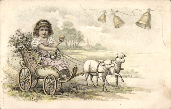 Litho Ostern, Lämmer, Fuhrwerk, Glocken, Kind, Blumen