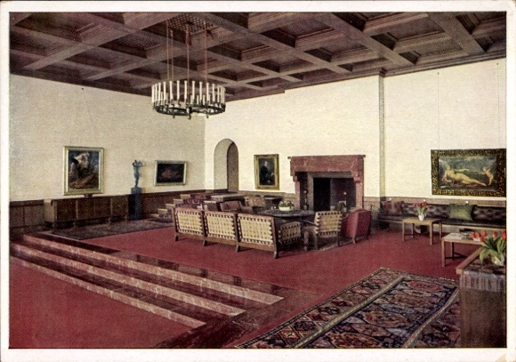 Postcard Obersalzberg Berchtesgaden, Berghof, Hitler House, Haus Wachenfeld, Great Hall, interior view