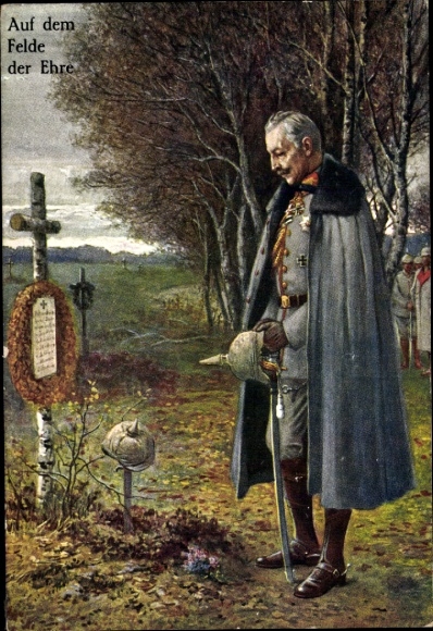 Artist Postcard Kaiser Wilhelm II., On the field of honour, soldier's grave, I. WK
