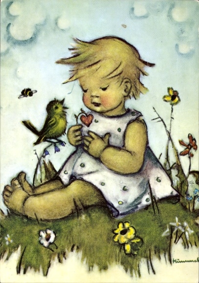 Postcard Dresden Schönfeld Weißig, MI Hummel Herzmadl, little girl with red flower