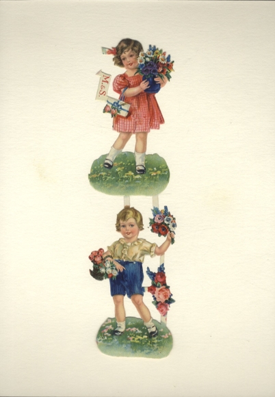 Wafer block of 2, M & S, girl and boy with bouquets and gift, size approx. 24 x 6 cm