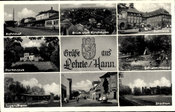 Postcard Lehrte in Lower Saxony, train station, stadium, youth center, parking garage, town hall, swimming pool