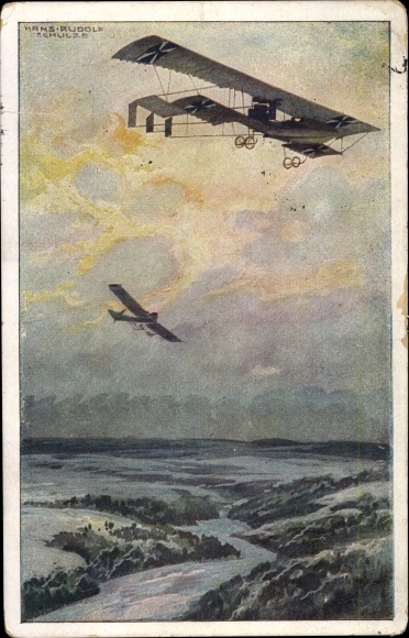 Artists Postcard Schulze, Hans Rudolf, military biplane on an exploratory trip over the Argonne Forest