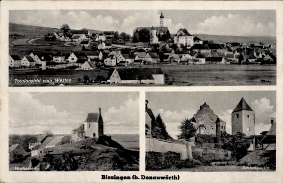 Postcard Bissingen Swabia, total view from the west, Hochstein, castle