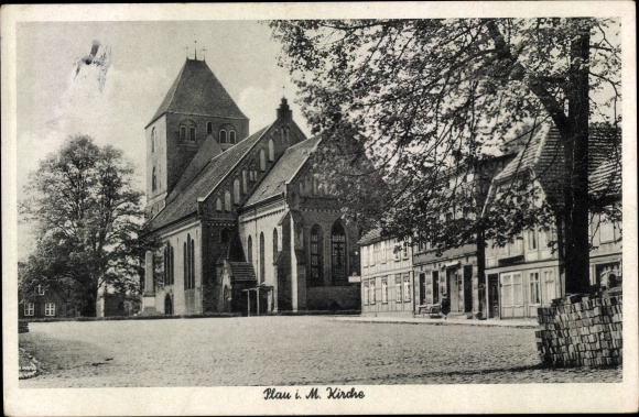 Postcard Plau am See, view of the church, square, trees