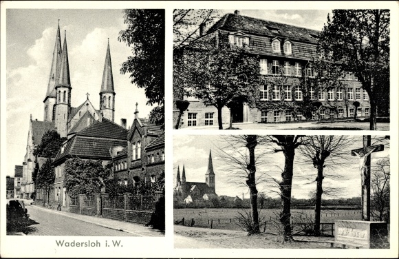 Postcard Wadersloh in the Warendorf district of North Rhine-Westphalia, street section, cross, church, building