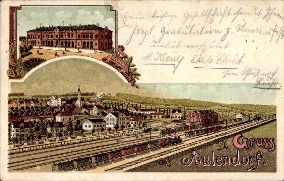 Chromo-Litho Aulendorf in Württemberg, general view, train station