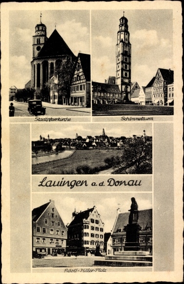 Ak Lauingen aan de Donau Schwäbische Alb, vormtoren, parochiekerk, Adolf Hitler-plein
