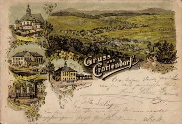 Chromo-Litho Crottendorf in the Erzgebirge, church, Deutsches Haus inn, war memorial