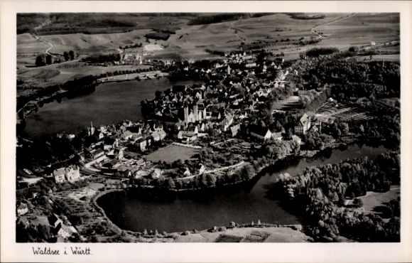 Postcard Waldsee in the Palatinate, aerial view of many houses, rivers, green landscape