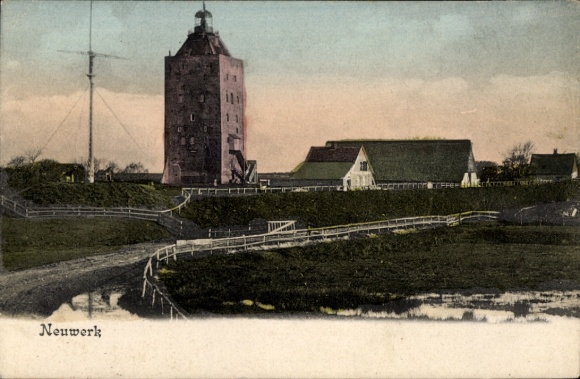 Postcard Island Neuwerk, partial view, lighthouse