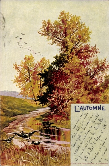 Chromo-Litho allegory, autumn, river area, landscape, ducks