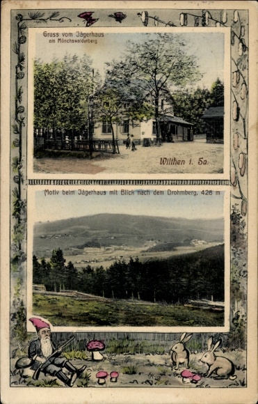 Passepartout Ak Wilthen in der Oberlausitz, Mönchswalder Berg, Jägerhaus, Drohmberg, Zwerg, Hasen