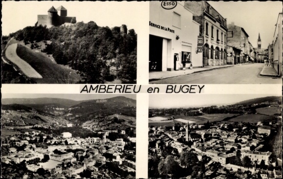 Ak Amberieu en Bugey Ain, Burg oben links, Stadtansicht, Esso Tankstelle, Landschaft