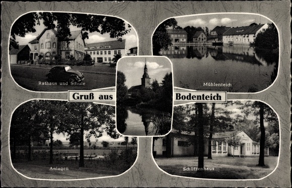 Postcard Bad Bodenteich in Lower Saxony, town hall and school, mill pond, facilities, Schützenhaus